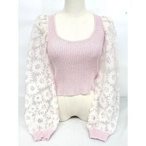 SO ME Boutique Women Medium Pink Floral Sheer Long Sleeve Blouse Ribbed Knit Top